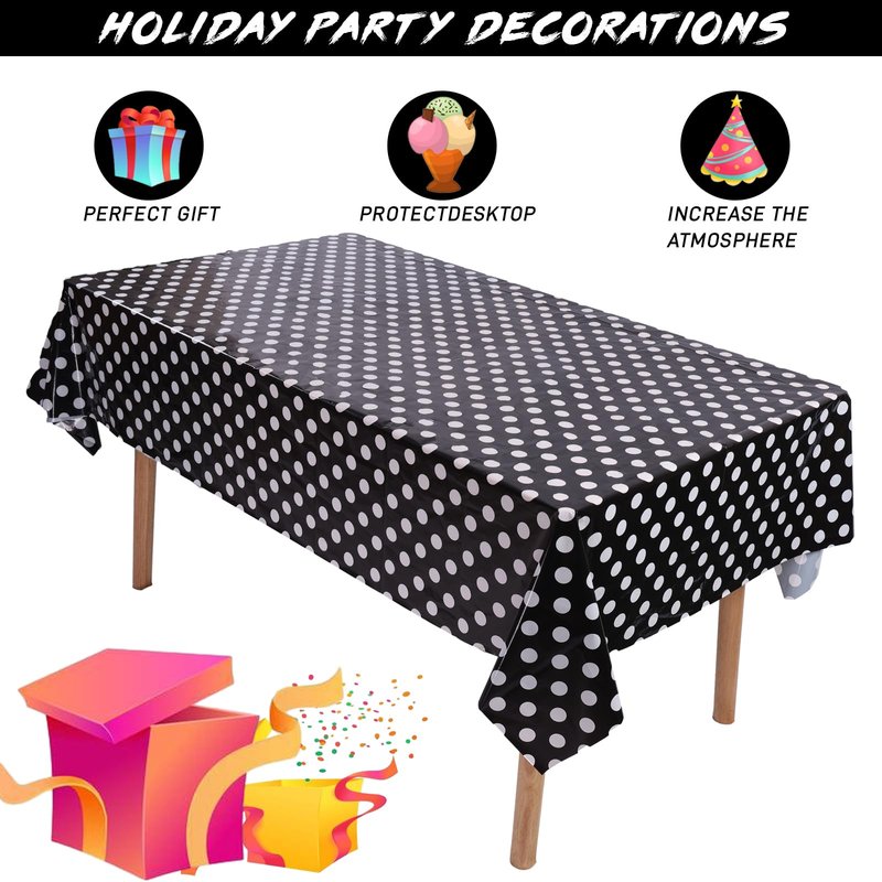 Kesfey 5 Packs Black and White Dots Table Cloth 54x108 Inch Black Polka Dot Mini Mouse Plastic Table Cloth Disposable Black Waterproof Picnic Table Covers for Rectangle Tables Halloween Birthday Party