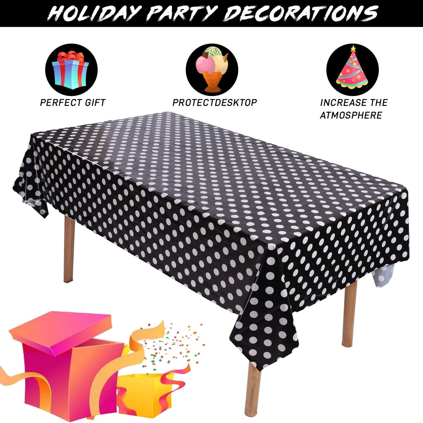 Kesfey 5 Packs Black and White Dots Table Cloth 54x108 Inch Black Polka Dot Mini Mouse Plastic Table Cloth Disposable Black Waterproof Picnic Table Covers for Rectangle Tables Halloween Birthday Party