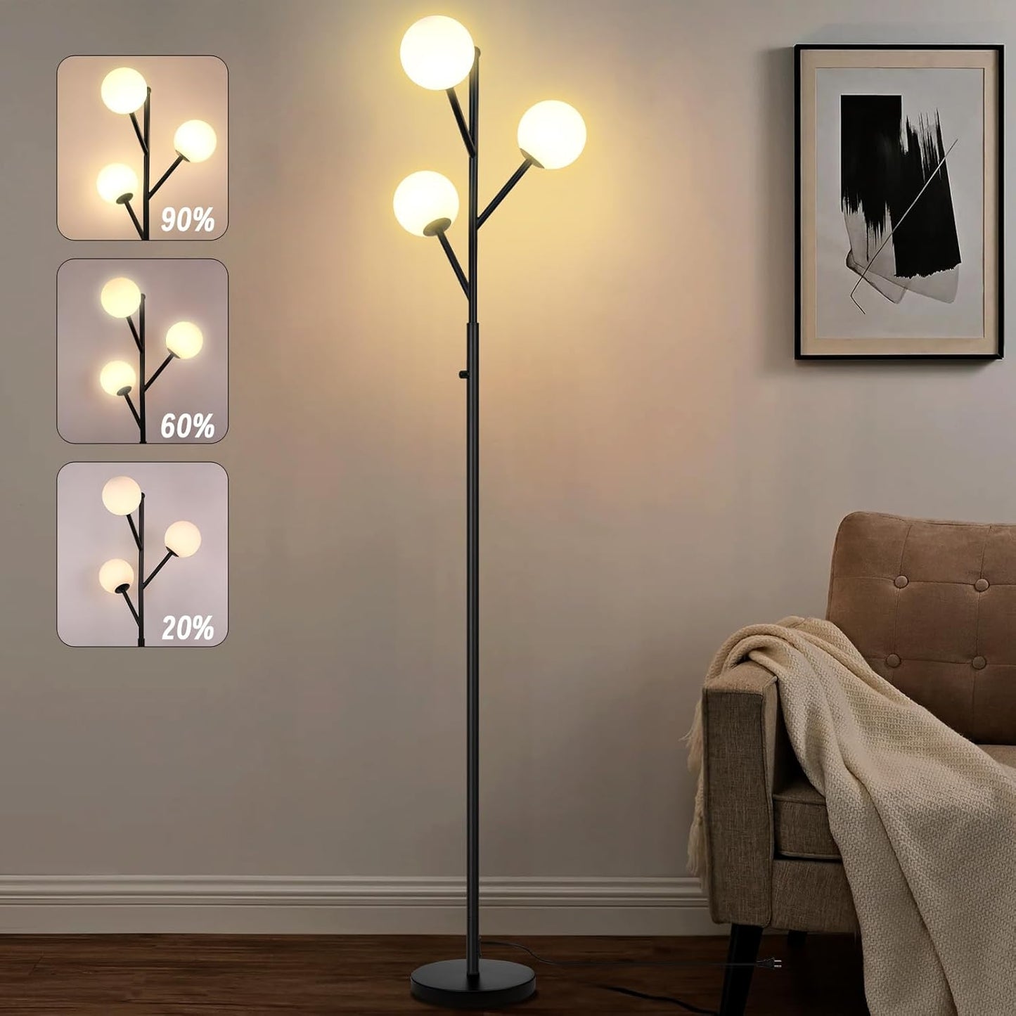 Globe Mid Century Tree Floor Lamp with 3 Light Bulbs,70in Tall Standing Glod Floor Lamp with Frosted Glass Shade for Living Room,Office,Bedroom, Study Room, Hotel, Antique Brass Lighting