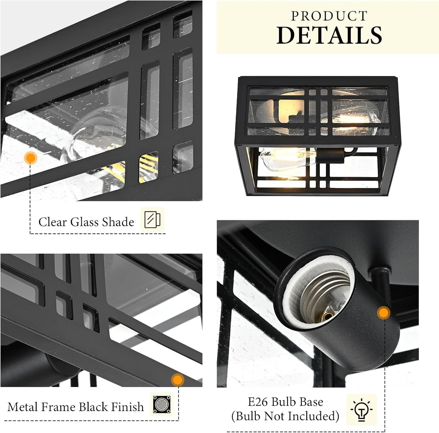 Farmhouse Ceiling Light Fixture Black 2-Light with Clear Glass, Square Flush Mount Ceiling Light for Hallway Kitchen Bedroom Porch