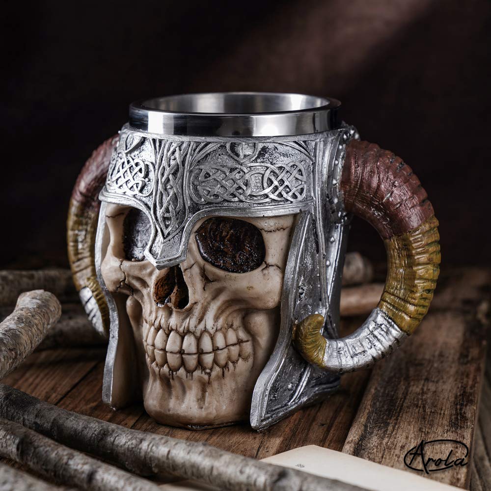 Stainless Steel Viking Skull Mug+Coaster,Double Handle Horn Skull Beer Mug Tankard, Medieval Skull Drinkware Mug for Coffee/Beverage/Juice17oz.