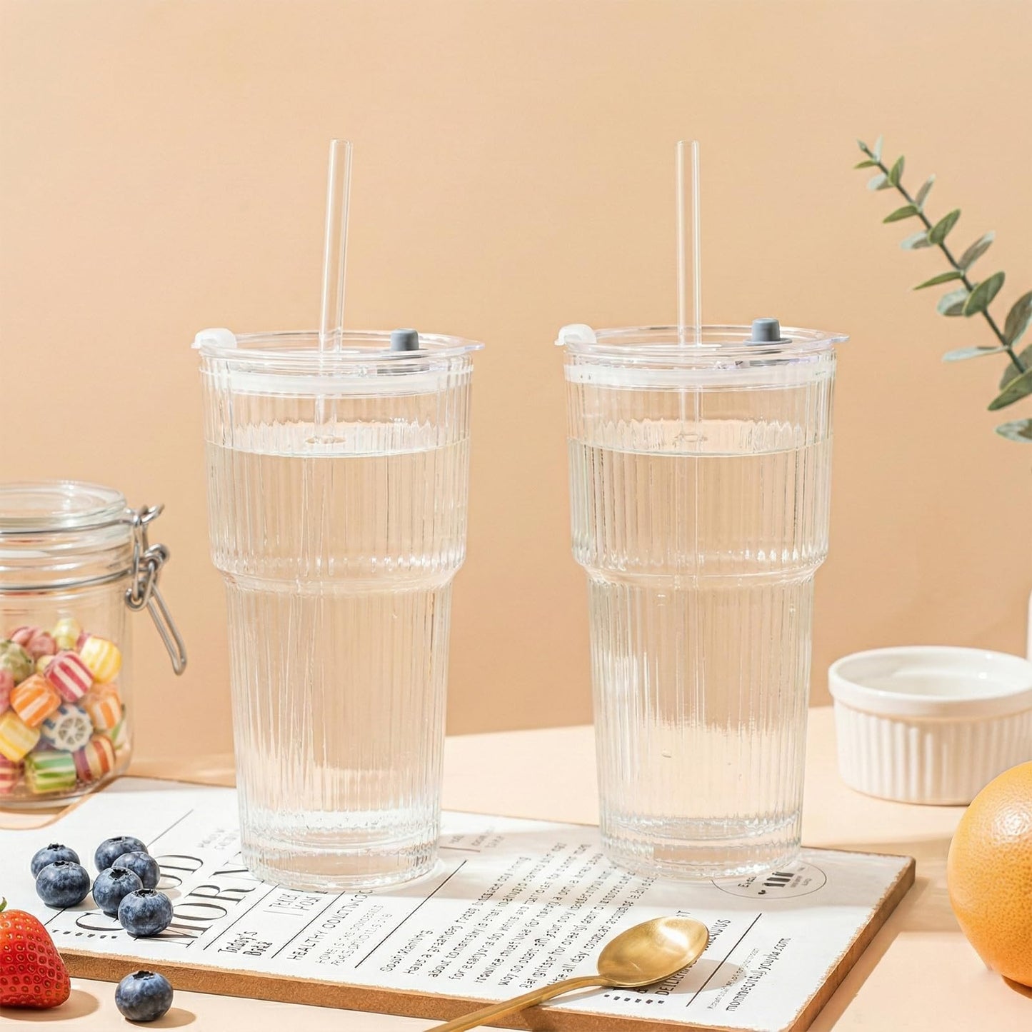 Haundry 20oz Ribbed Glass Cups with Lids and Straws, 4 Pack Iced Coffee Cups with Lids, Leak-Resistant Glass Tumblers, Reusable Coffee Cups for Coffee Bar, Matcha, Smoothies, Juice
