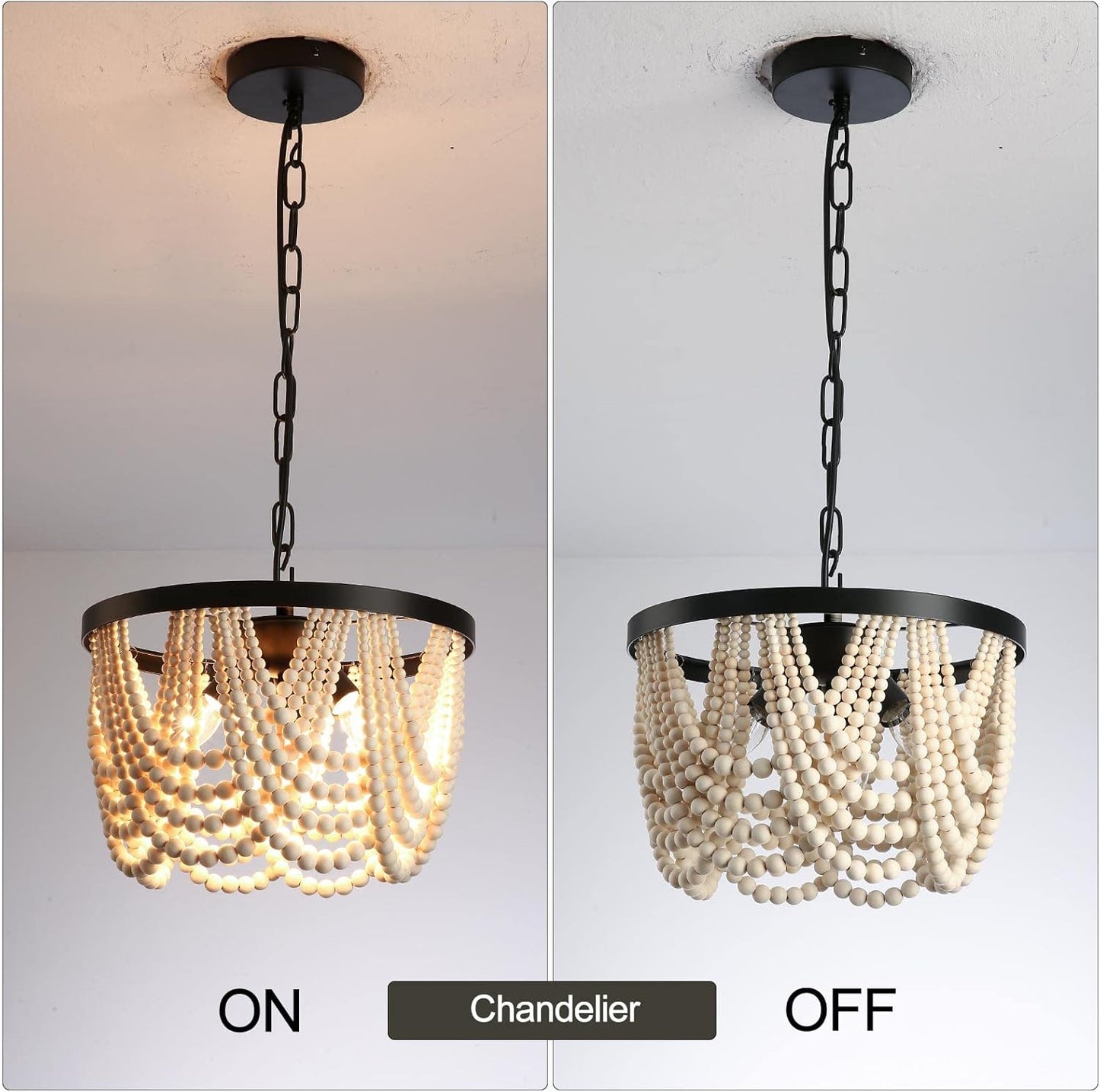 Farmhouse Boho Flush Mount Ceiling Light,3-Light Wood Bead Chandeliers,Black Metal Bohemia Hanging Pendant Lighting,Small Chandelier for Bedroom,Living Room,Entryway,Hallway
