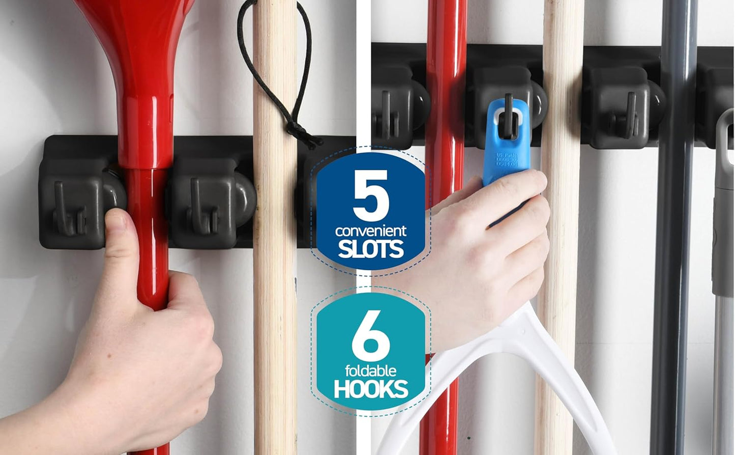Skiennix Mop And Broom Holder Wall Mount - 5 Slots, 6 Hooks For Efficient Garage Storage | Black
