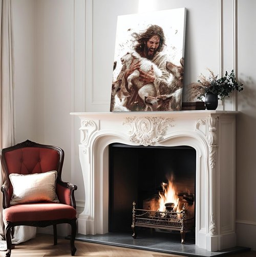 Jesus And Lamb Canvas Wall Art - Christian Home Decor | Gospel of Matthew Painting 12x16in Framed