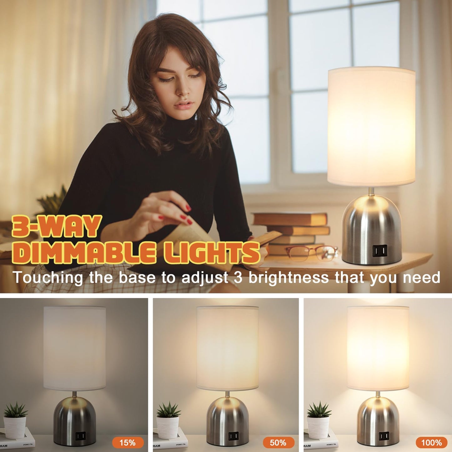 Yacoto Touch Control Table Lamp for Bedroom, 3 Way Dimmable Modern Silver Bedside Lamps with 2 USB Charging Ports with Metal Base Fabric Shade for Nightstand, Office, Living Room(Bulb Included)