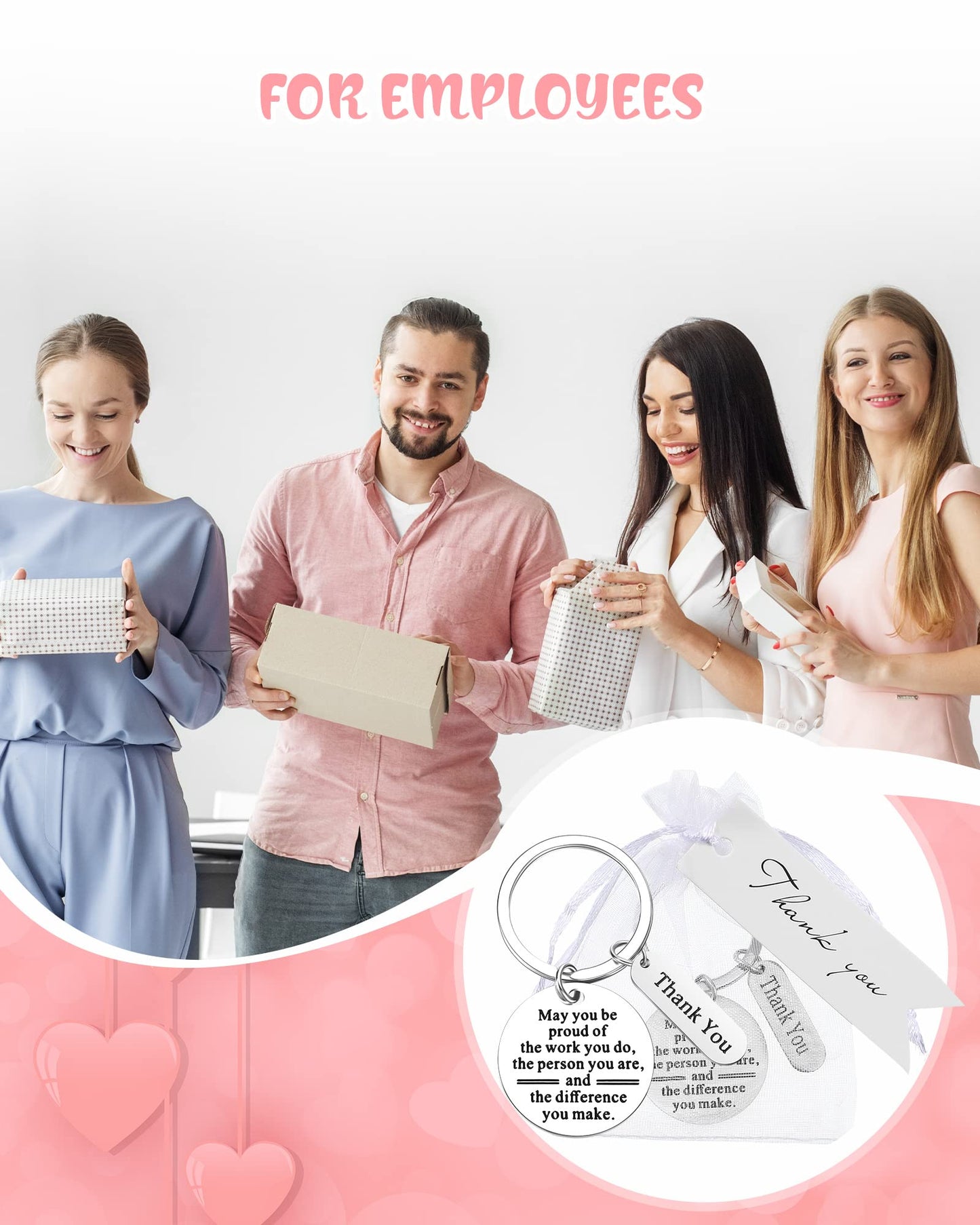 Yinkin 300 Pcs Christmas Employee Thank You Gifts Bulk Gifts for Coworkers Include 100 Inspirational Employee Appreciation Keychain Gifts 100 Organza Bags 100 Cards for Teacher Nurse Team(Silver)