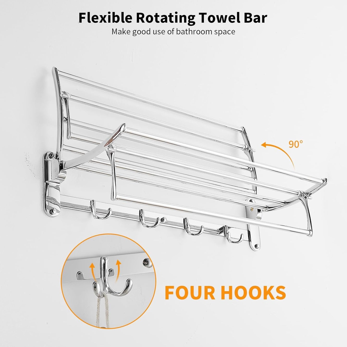 BESy 24 Inch Brushed Nickel Towel Racks, Bathroom Towel Shelf with Foldable Towel Bar Holder and Towel Hooks, Wall Mounted Multifunctional Bathroom Accessories, Double Towel Bars