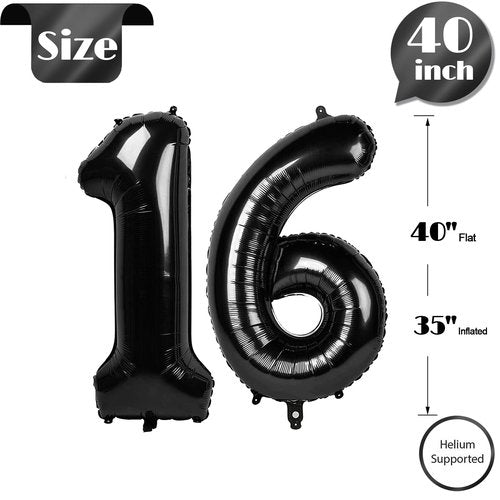 Black Number 16 Balloon 40 Inch, 16th Birthday Party Decorations for Children, Giant 16 Foil Balloon for Party Supplies
