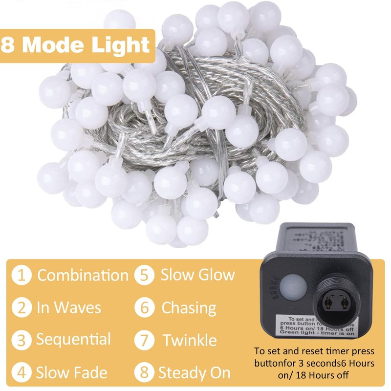 Ogrmar 49 ft 100 LED Globe Ball String Lights 8 Modes Fairy String Lights with Remote, Timer Function & Connectable for Indoor Outdoor Wedding Birthday Christmas Tree Garden Decor (100, Warm White)