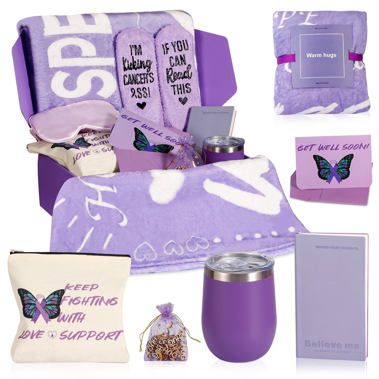 Cancer Care Gifts for Women, Chemo Care Package for Women,8PCS Breast Cancer Gifts for Woman ,Gifts for Cancer Patients,Get Well Soon Christmas Gifts basket for Women Includes Healing Blanket (Purple)