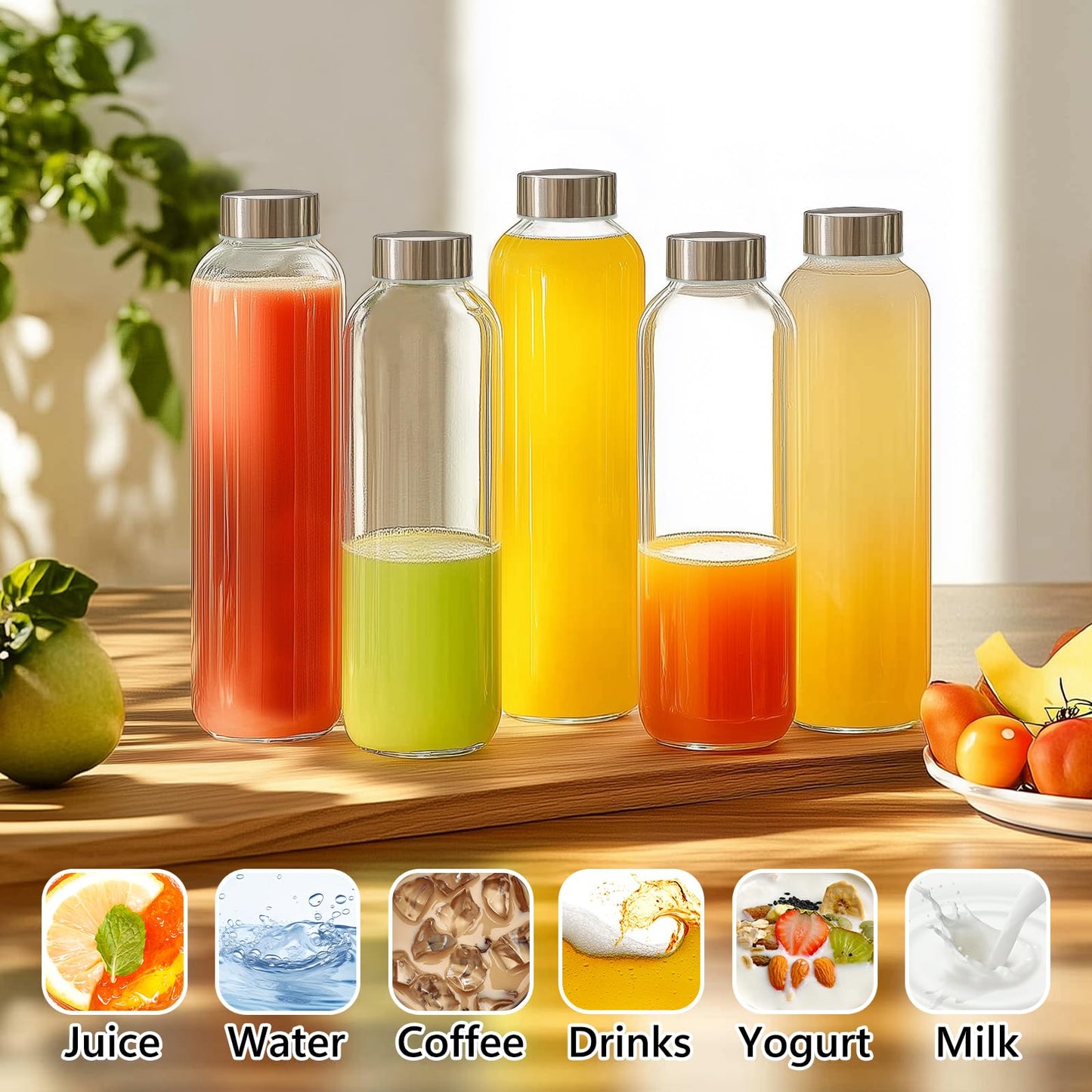 KEYWING 12Pack Glass Juice Bottles with Lids, 18oz Clear Juicing Bottle with Reusable Glass, Leak Proof Water Bottles with Airtight Stainless Steel Cap for Juice, Coffee, Beverage, Smoothies, Tea