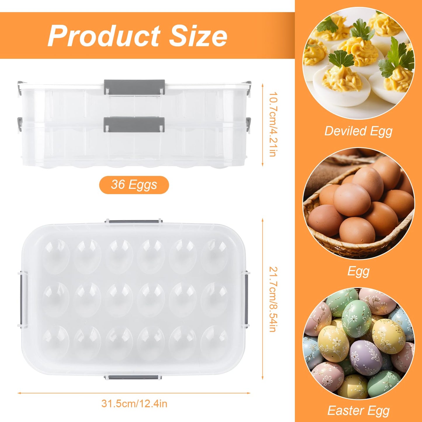 YESSWLQ 2-Layer Deviled Egg Containers with Lid, 36 Slots Refrigerator fridge organizers and storage egg cartons with Handle for Easter, with Slicer Kitchen Tongs Piping Decorating Kit