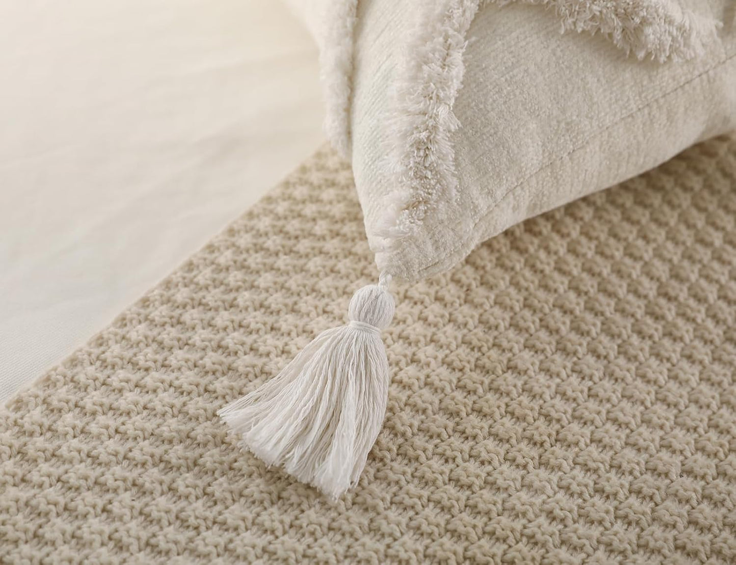 PANOD Decorative Long Lumbar Pillow Cover - Super Soft Chenille with Tassels | 14x36 White Boho Design for Sofa & Bed