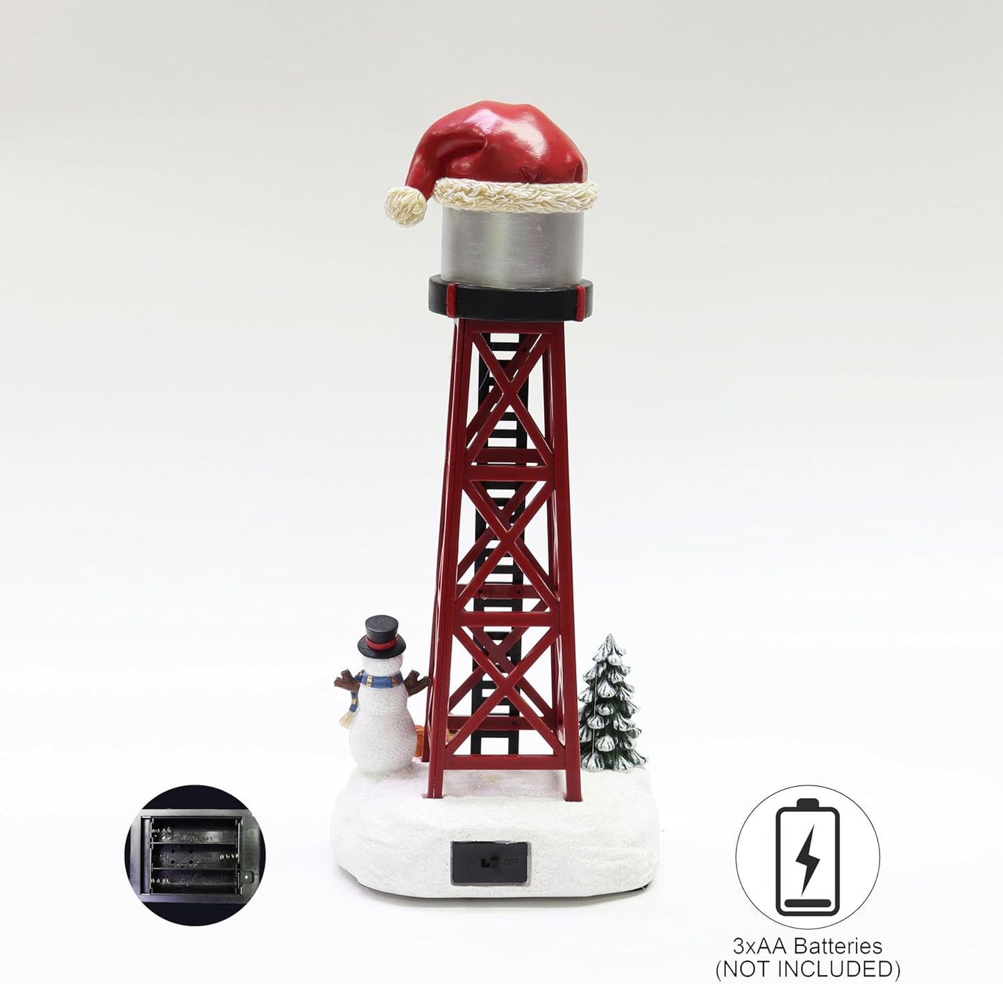 Moments In Time Water Tower Christmas Village - 12” LED Holiday Tabletop Decor with Santa Hat & Snowman