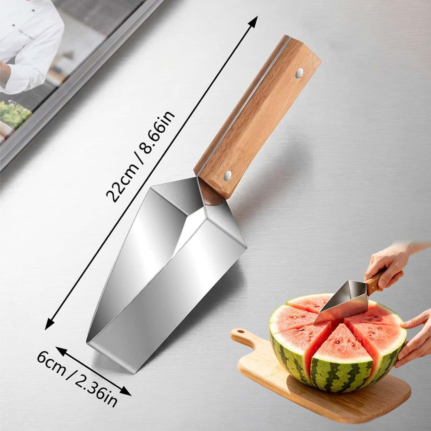 Skiennix Triangle Watermelon Cutter - Large Stainless Steel Slicer with Wooden Handle | 2-Piece Set for Home & Picnic