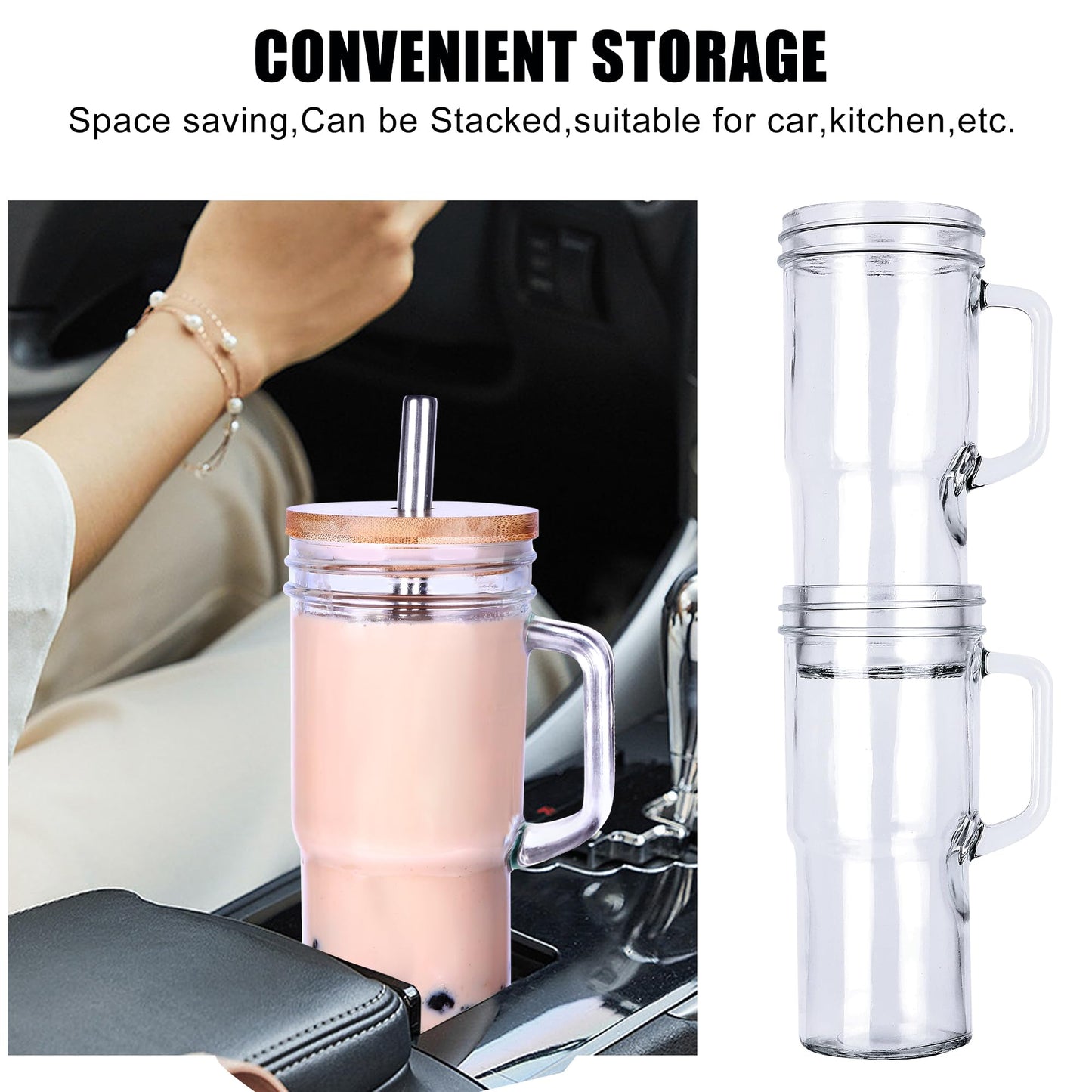 24oz Glass Cups with Lids and Straws - Glass Tumbler cup with bamboo lids and straw iced coffee cup