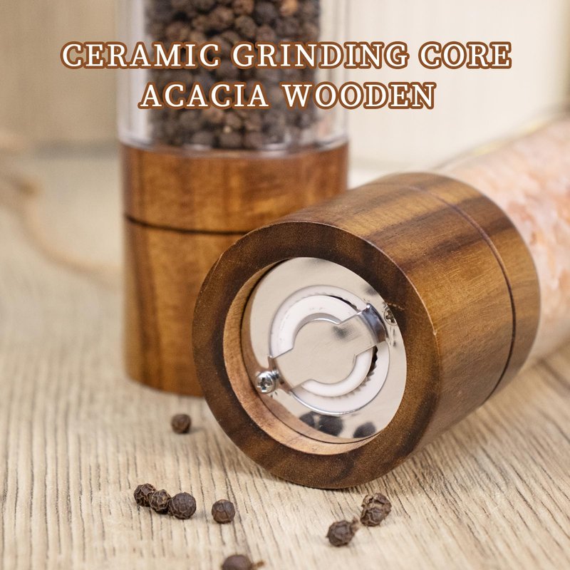 XWXO Acacia Wood Salt Grinder and Pepper Grinder Set Premium Acrylic Salt and Pepper Mill Set, Manual Salt and Pepper Mills- Wooden Shakers with Adjustable Ceramic Core 8 Inches 2 Pack