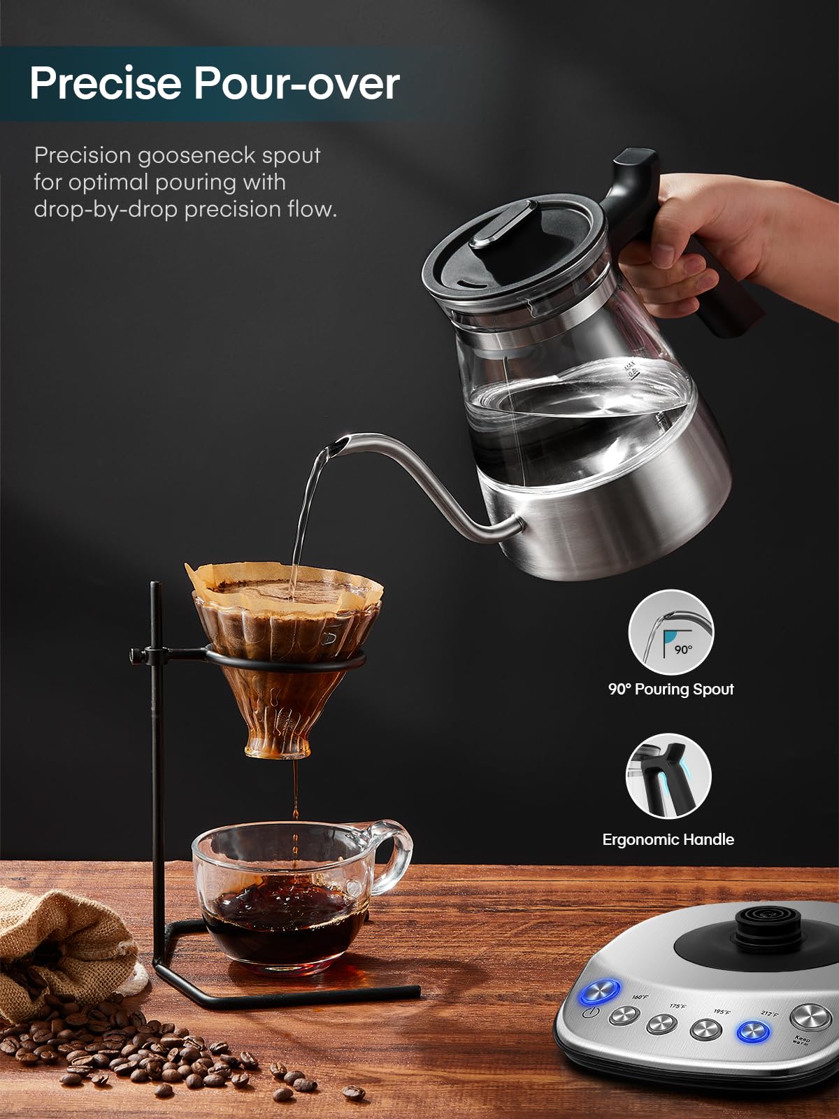 Aiheal Gooseneck Electric Kettle, Glass Electric Tea Kettle with 4 Temperature Control Presets and Keep Warm Function, Pour Over Kettle for Coffee and Tea, Hot Water Boiler, Quick Heating, 1200W/0.8L
