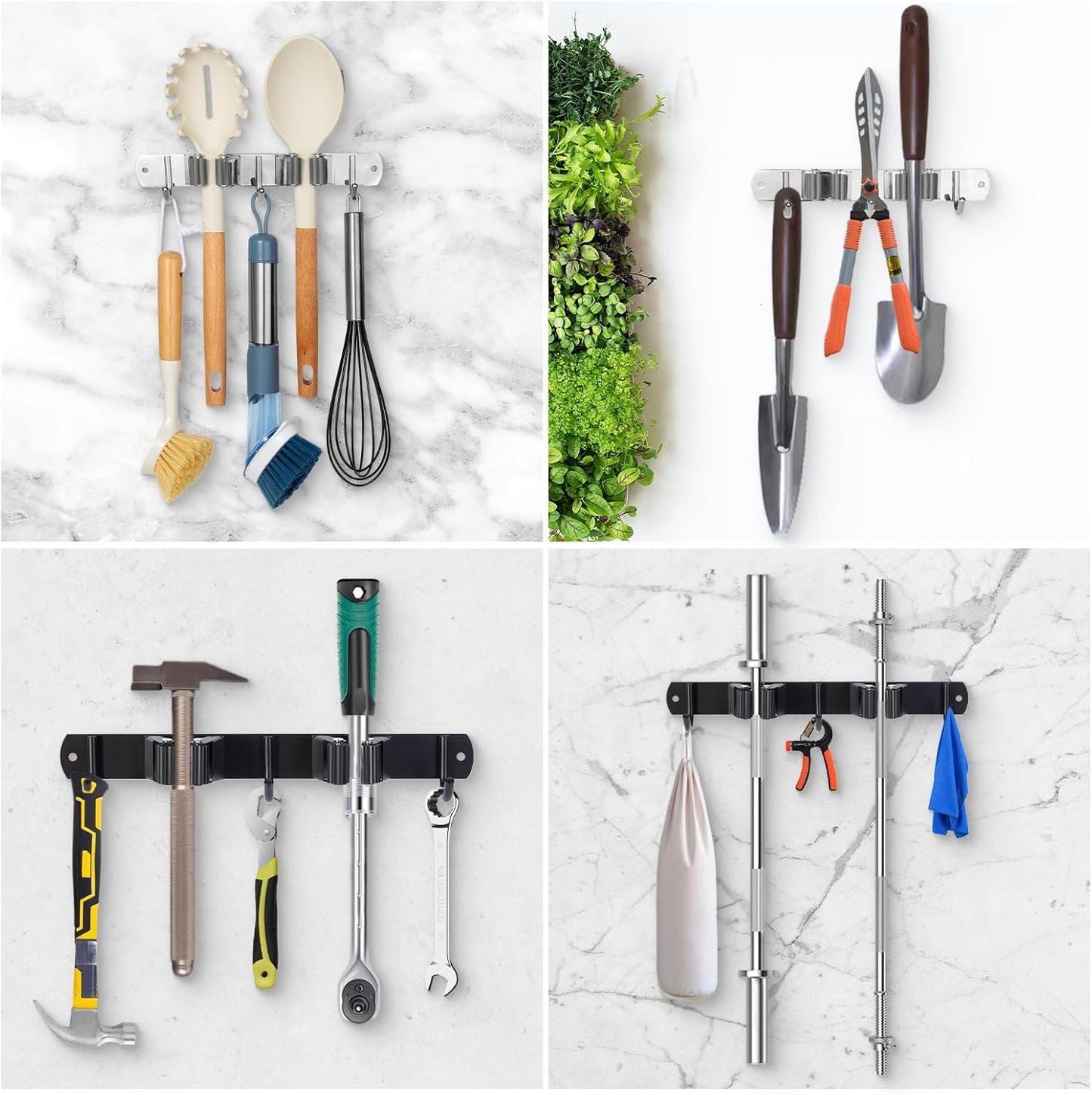 Voze Mop and Broom Holder - 2 Racks & 3 Hooks | Heavy-Duty Wall Mount Organizer for Kitchen & Garage
