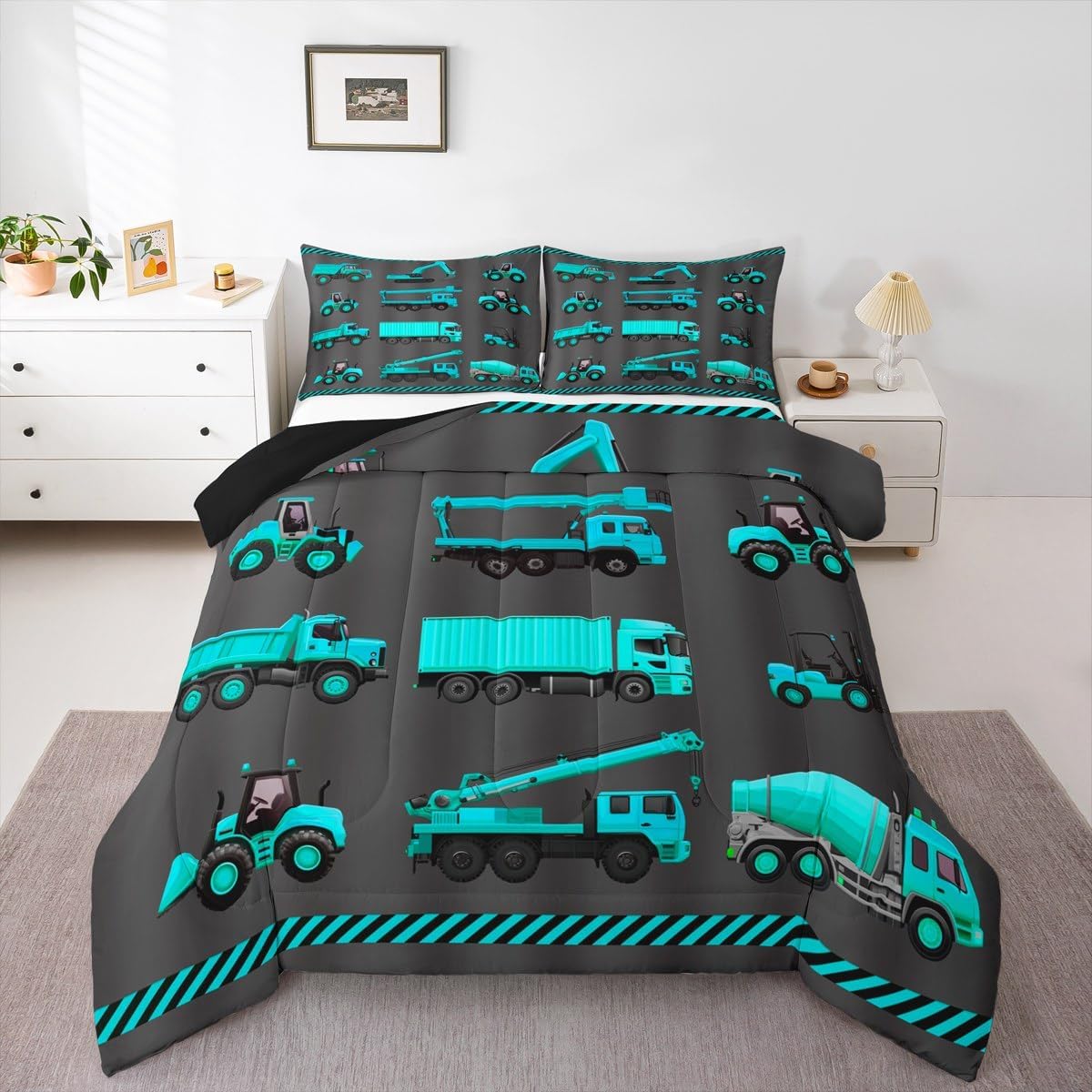 Cartoon Police Car Bedding Set Red Fire Truck Comforter Set for Kids Boys Fire Extinguisher Duvet Set Airplane Comforter 1 Comforter Set with 2 Pillowcases Full Size Boys