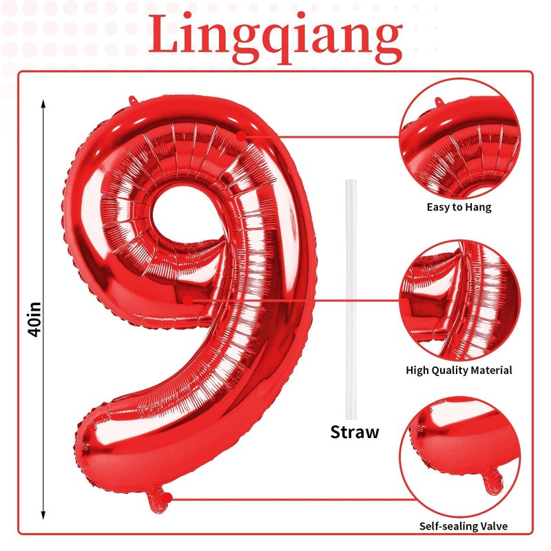 Red 9 Balloons for Boys, 40 Inch Large Foil Number Balloons Set 0-9, Self Inflating Digital 9 Helium Balloon for Girls Women Men Age Birthday Anniversary Party Decorations Photo Shoot Supplies