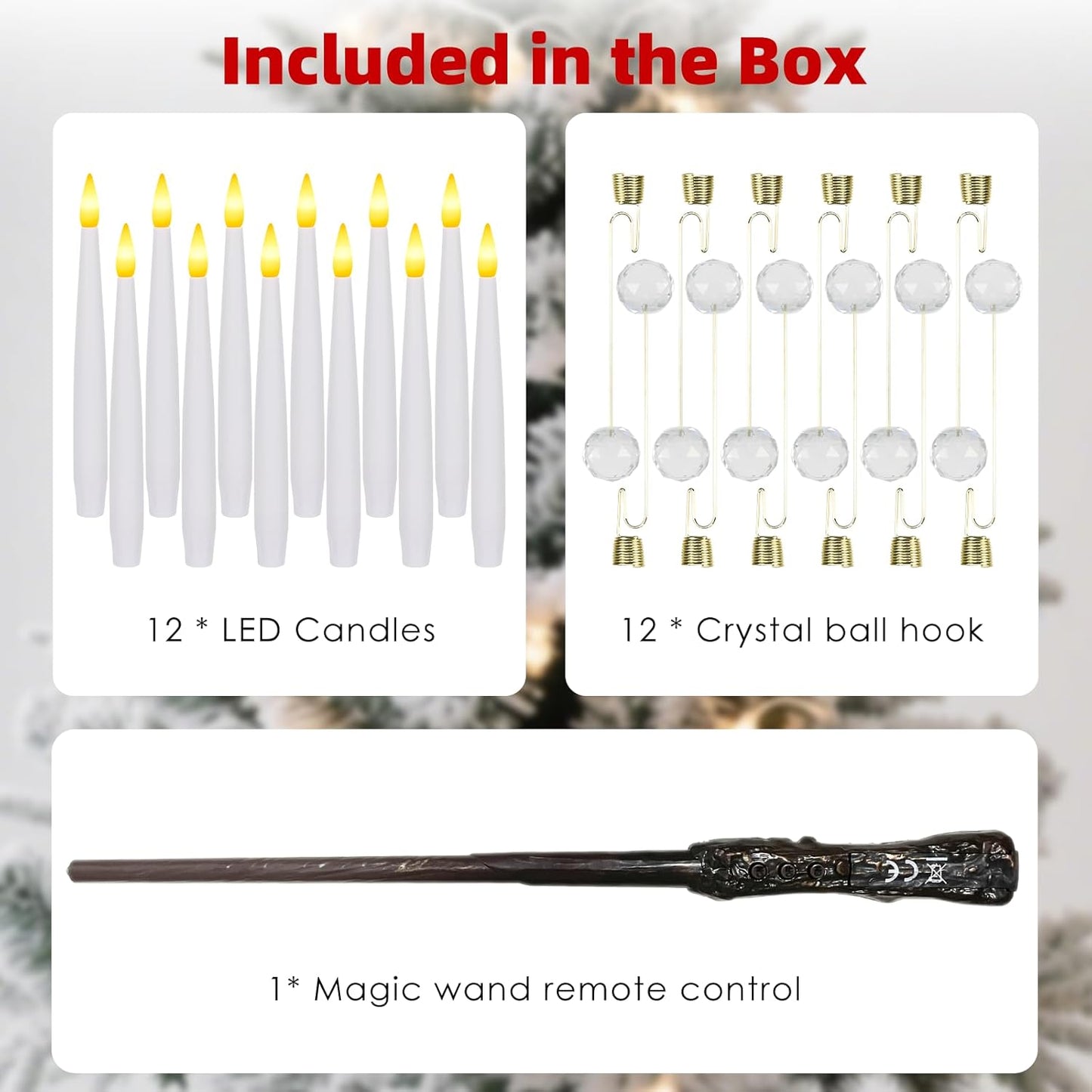 Flameless Christmas Tree Candles - 12 Pack LED Flickering Battery Operated Decor with Magic Wand & Snowflake Design