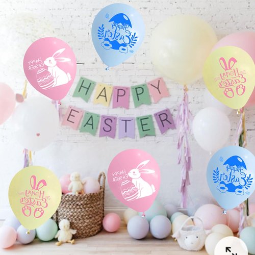 Happy Easter Balloons, 60Pcs 12 Inch Pastel Light Pink Blue Blue Cute Bunny Spring Easter Eggs Party Balloons for Kids Girl Boy Cute Egg Easter Spring Birthday Party Baby Shower Decorations