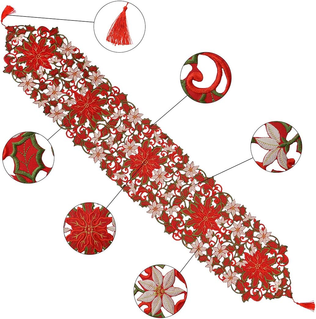 Christmas Poinsettia Table Runner - 13x36 Inch Holiday Dresser Scarf