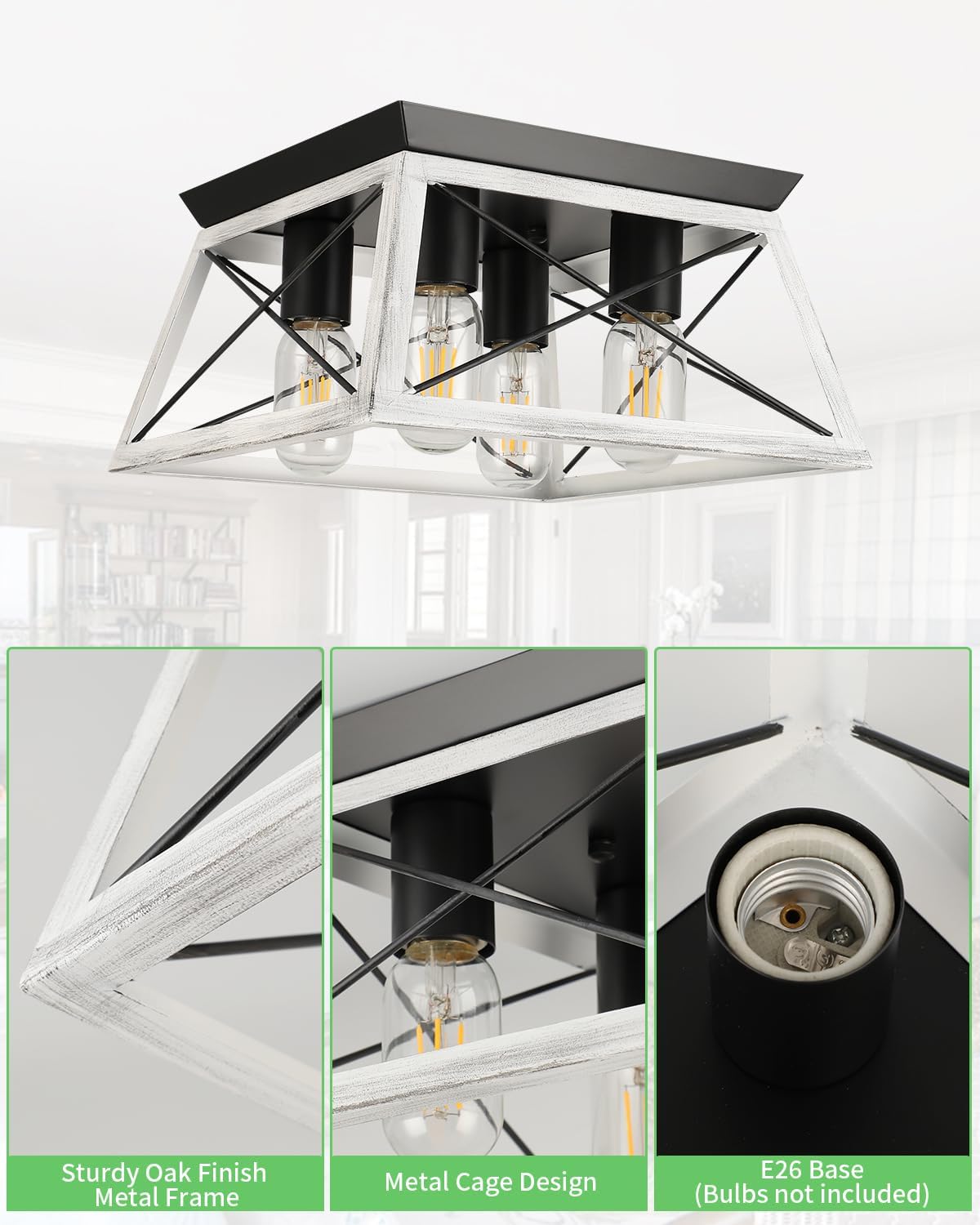 Farmhouse Flush Mount Ceiling Light Oak White Ceiling Light Fixtures 2-Light Industrial Vintage Metal-Framed Ceiling Lighting for Hallway Foyer Kitchen Dining Room Bedroom Living Room Laundry