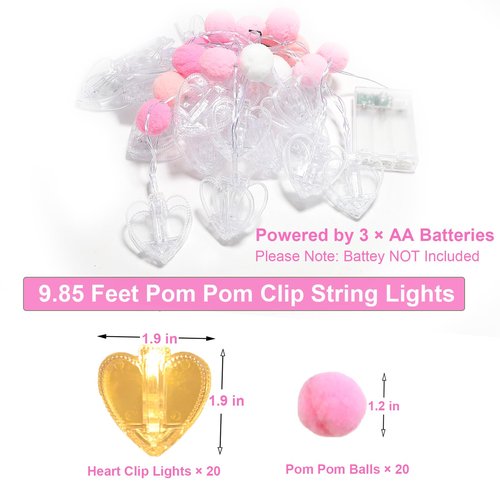 9.85Ft Photo Clip String Lights with 20 Cute Pompoms 20 LED Clear Heart Clips Fairy Lights for Hanging Pictures Photo Lights with Timer Ideal Gifts for Dorm Bedroom Wall Party Wedding Home Decorations