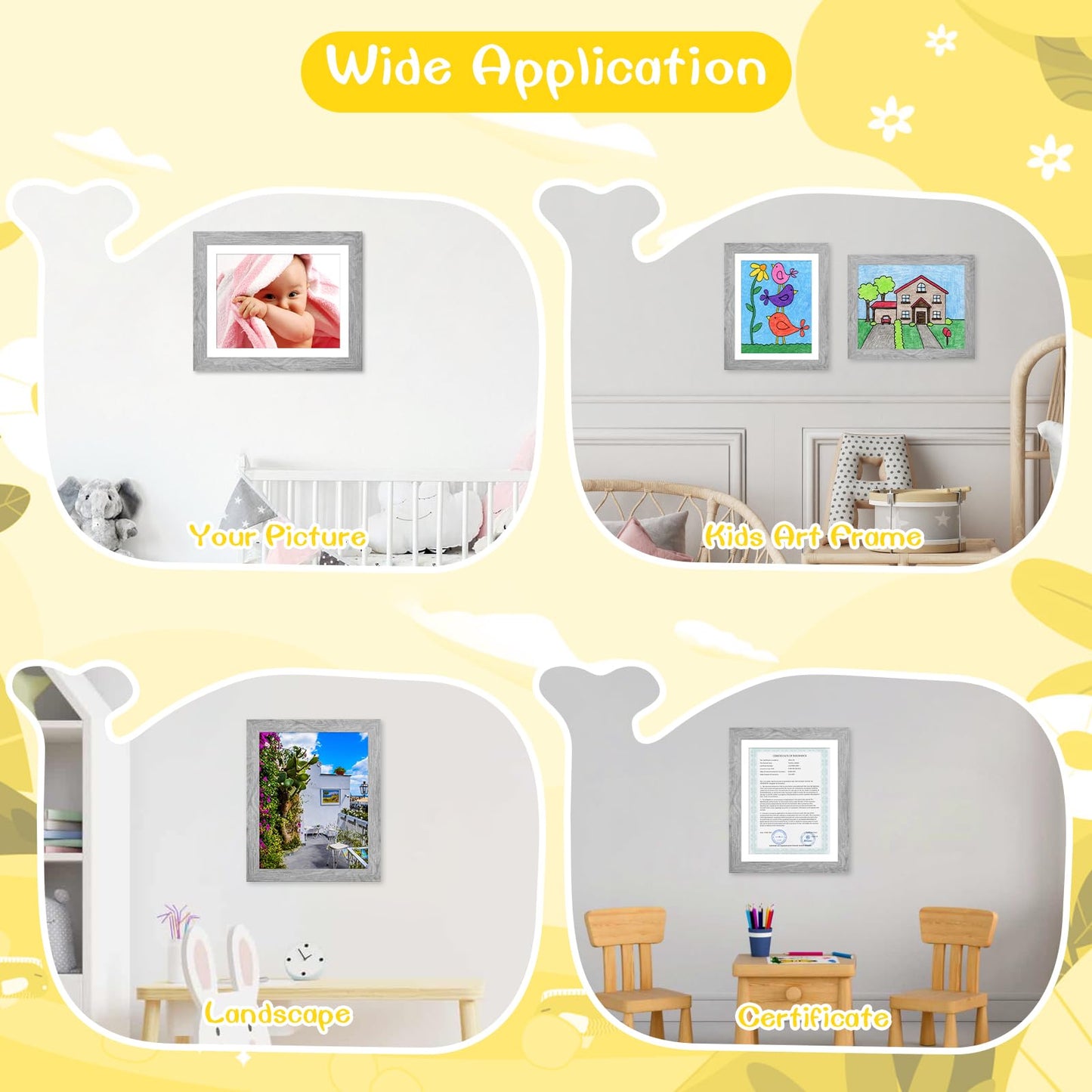2Pack Kids Artwork Frame Gray Woodgrain, 10x12.5 Child Art Frame Without Mat Changeable Front Opening, 8.5x11 Frame With Mat, Children Storage Frame Holds Crafts, Drawing, Art Project, Schoolwork