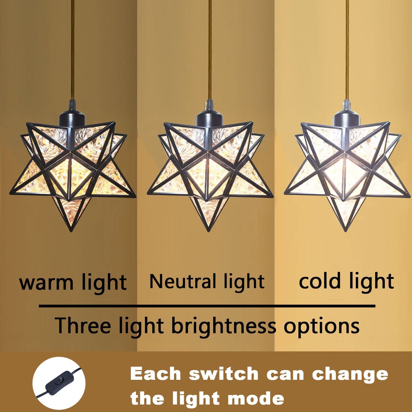JLOWCO Plug-in Moravian Star Pendant Light with 16.5ft Cord and Switch, Modern Farmhouse Black Hanging Light for Kitchen Island Bedroom Hallway Porch Etc(LED Bulb Include)