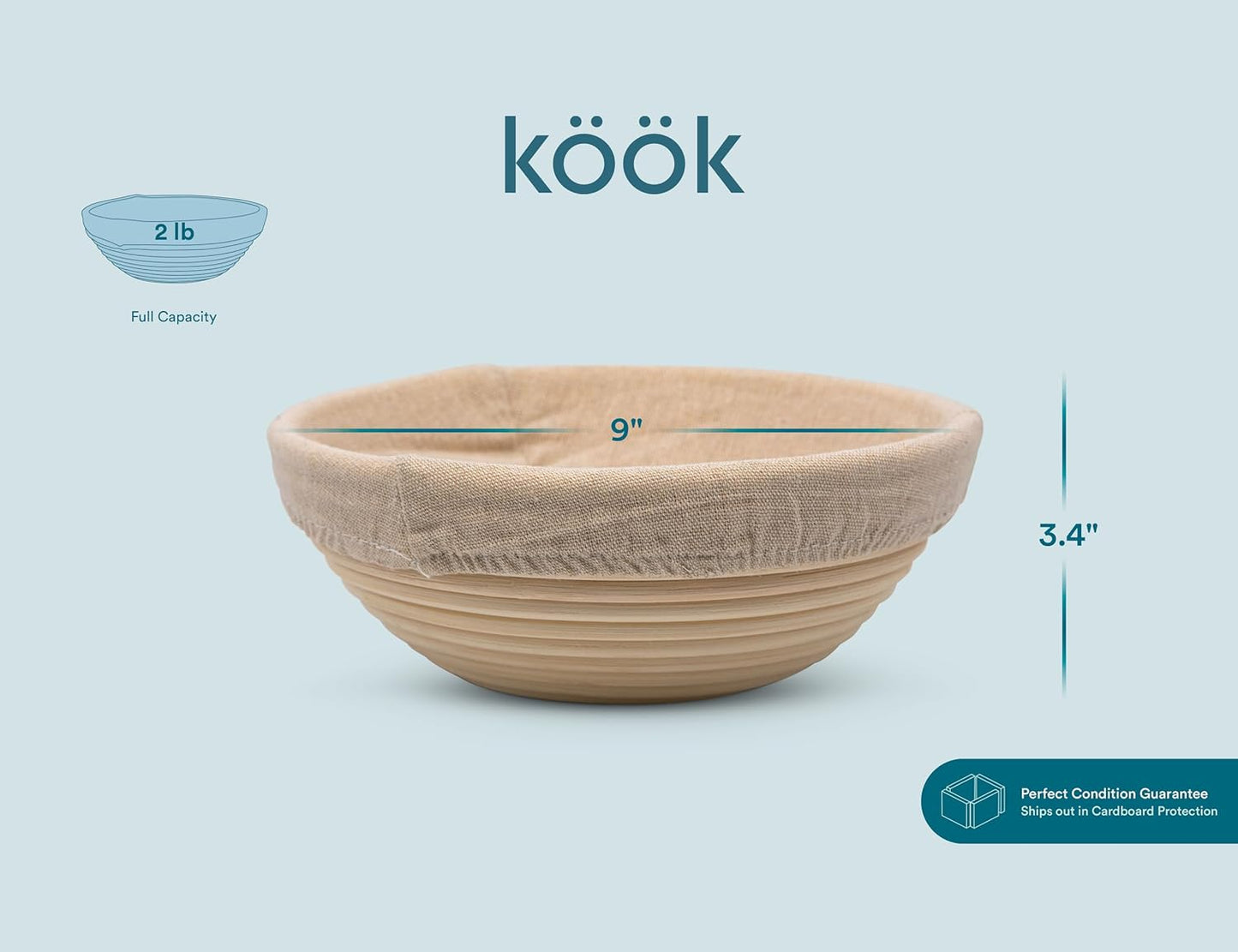 Kook Banneton Bread Proofing Basket Set - 12 Piece Artisan Sourdough Kit with Liners & Scrapers | 9 Inch Round Natural Rattan