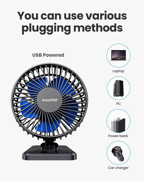 Gaiatop USB Desk Fan - Powerful Mini Portable Fan with 3 Speeds | Adjustable for Home, Office, Travel - Blue