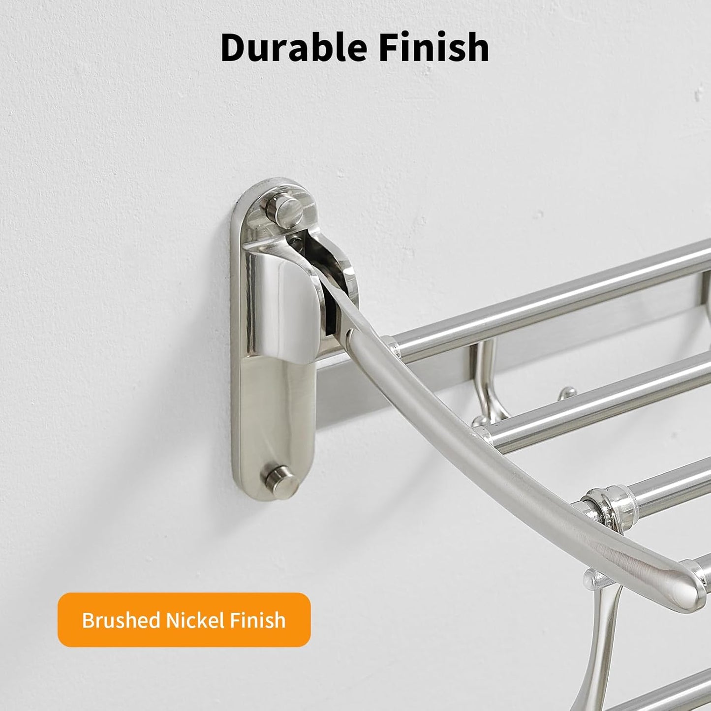 BESy 24 Inch Brushed Nickel Towel Racks, Bathroom Towel Shelf with Foldable Towel Bar Holder and Towel Hooks, Wall Mounted Multifunctional Bathroom Accessories, Double Towel Bars