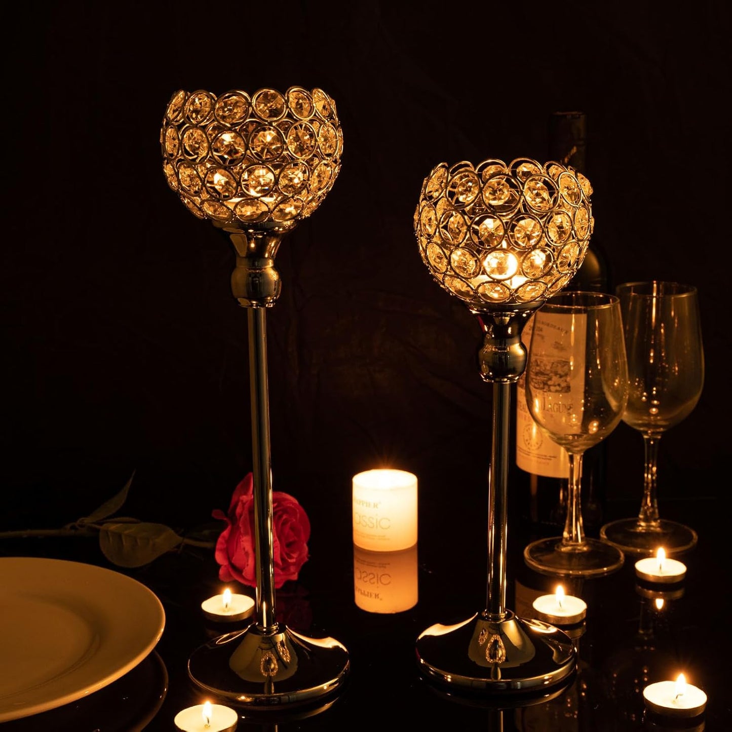 Gold Crystal Candle Holders Set of 2 - Elegant Pillar Candlesticks for Weddings & Home Decor