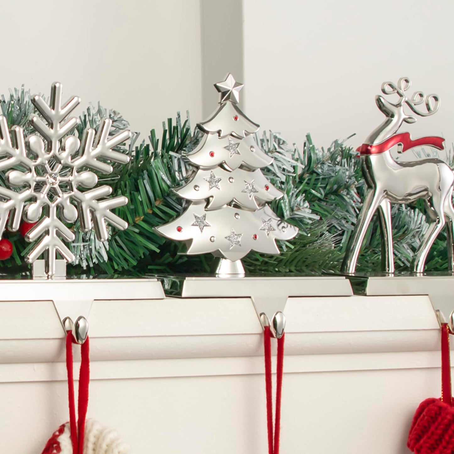 GUOER 4 Pack Snowflake Christmas Stocking Holder Set for Mantle Christmas Decorations Holiday Mantle Fireplace Topper - Snowflake Snowman Reindeer and Christmas Tree Hangers Decorative Metal Hanger