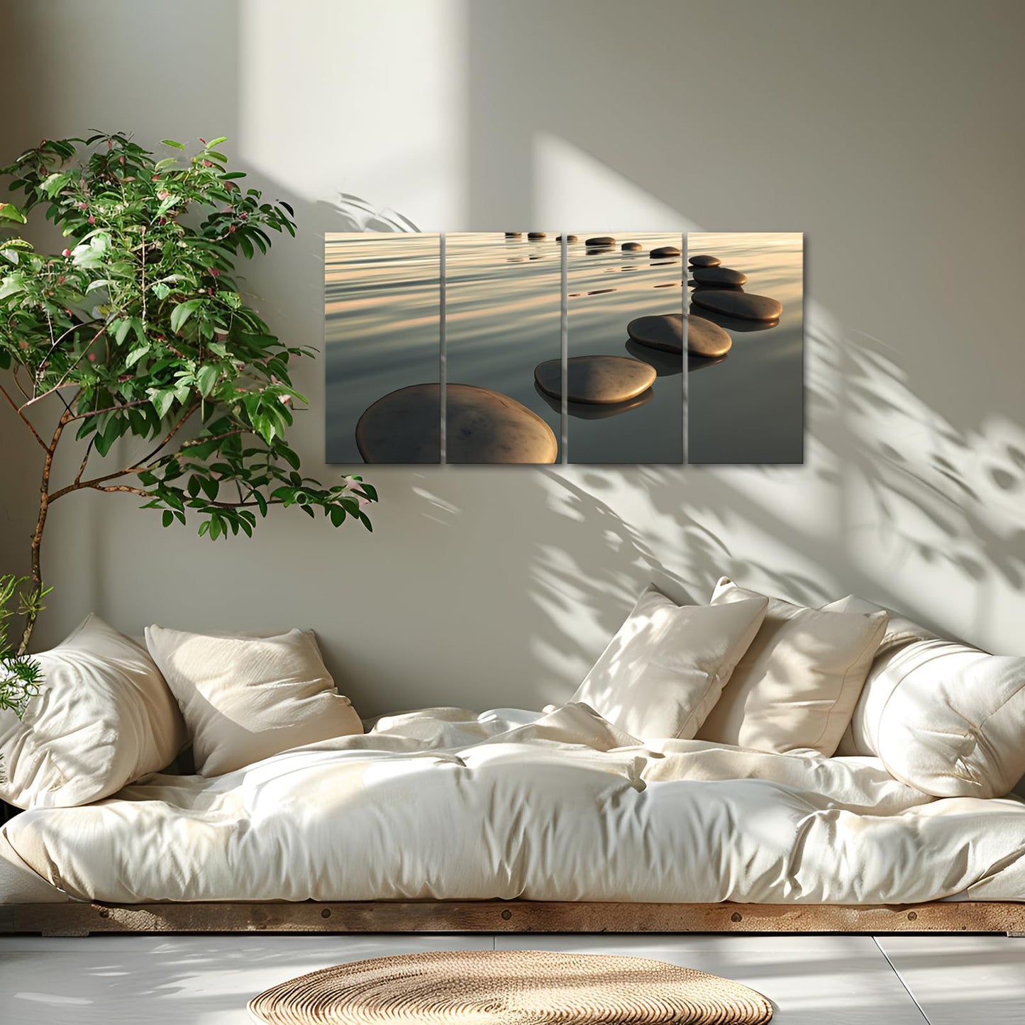 LevvArts - Zen Canvas Wall Art,Basalt Stone on The Sunset Relax Scenery Canvas Pictures for Living Room Decoration,Peaceful Water Multi Panel Wall Art Easy Hanging On - 48" W x 24" H overall