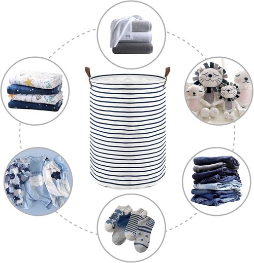 DOKEHOM 18-Inch Freestanding Laundry Basket - Collapsible Drawstring Hamper with Lid & Leather Handle | Blue Stripe