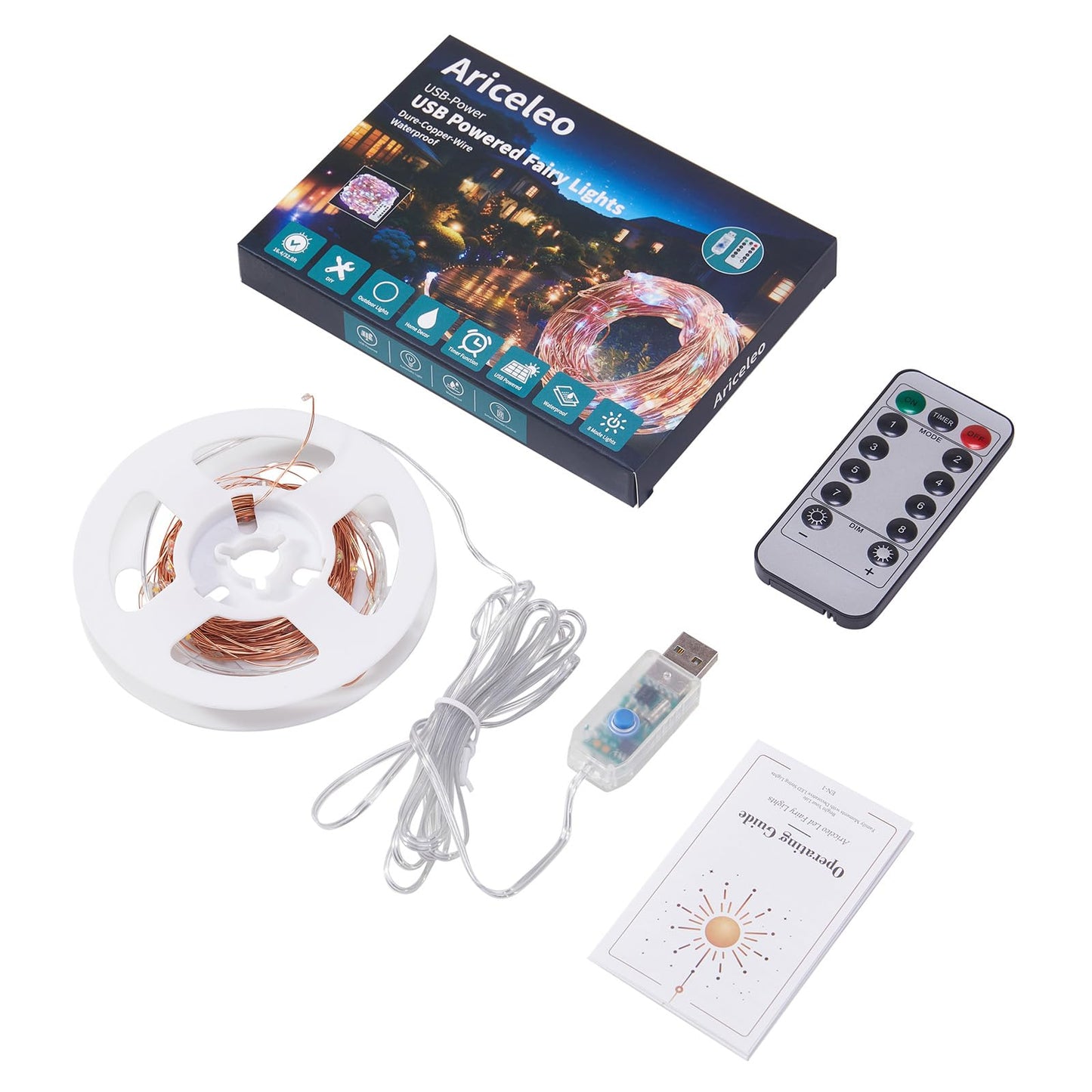 Ariceleo 1 Pack 65. 6 ft. USB Powered Fairy Lights with Remote & Timer, 100 LED USB Twinkle String Lights - Silver Wire, 8 Modes, Waterproof, Warm White Starry Lights for Party, Wedding, Christmas
