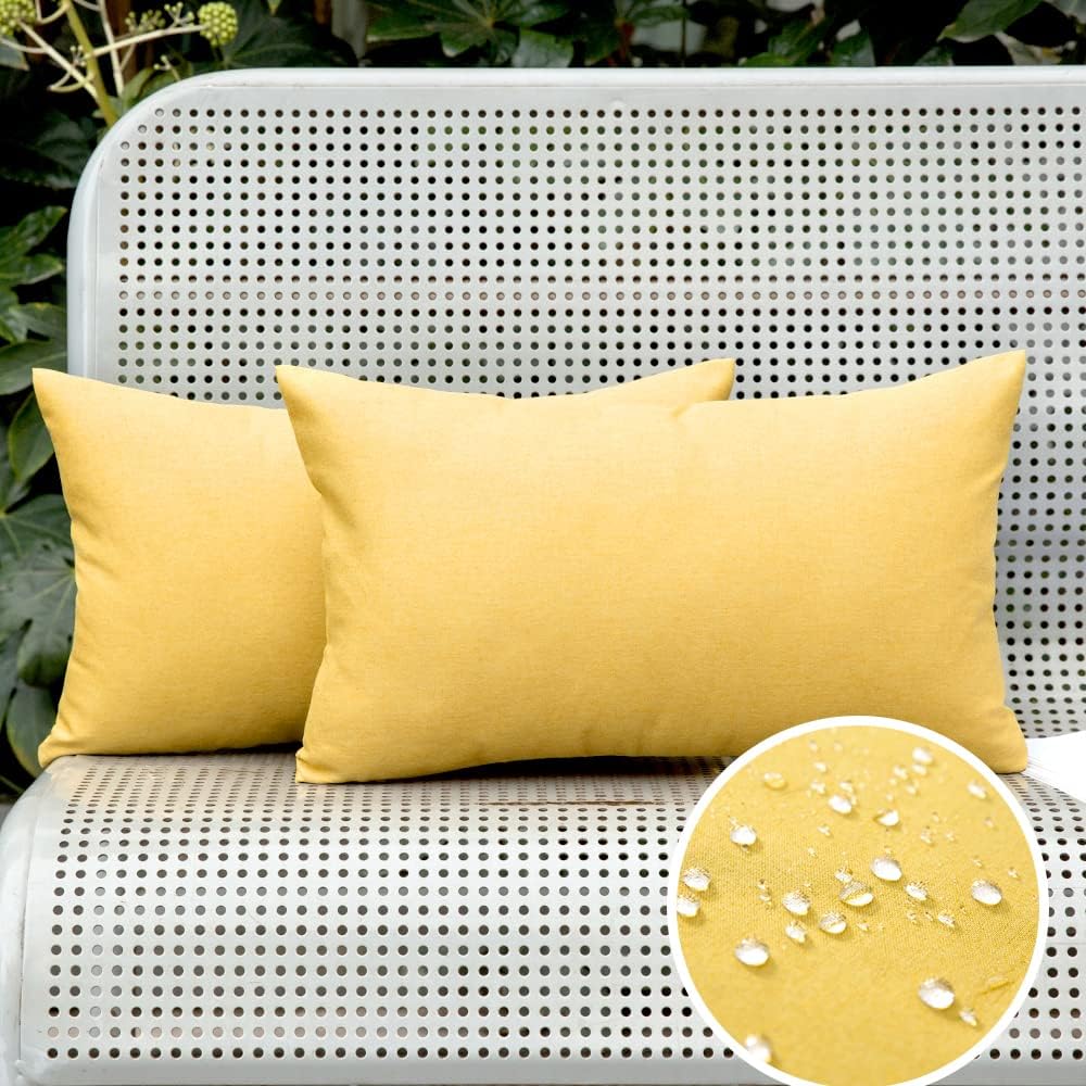 MIULEE Decorative Outdoor Throw Pillow Covers - Waterproof Faux Linen Cushion Cases | Pack of 2, 20x12 Inch, Yellow
