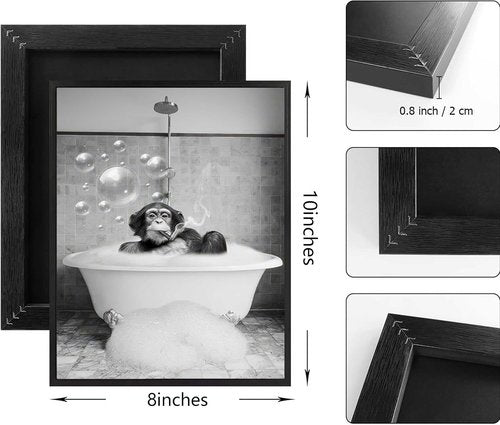 Framed Chimpanzee Wall Art - Fun Black and White Monkey Canvas Decor | 8x10 Inches for Bathroom or Man Cave