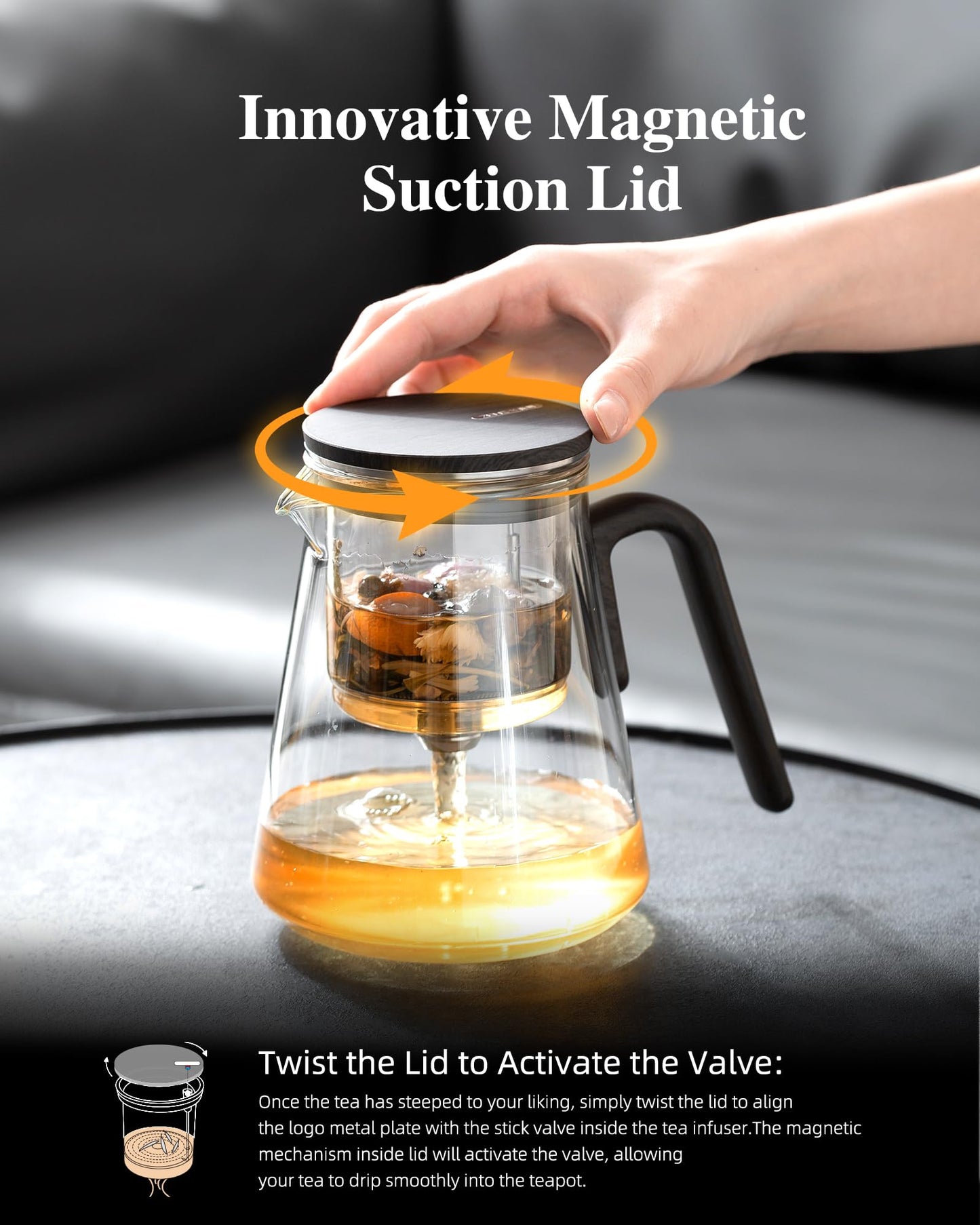 ZENS Enchanted Tea Pot with Magnetic Lid, Magic Glass Teapot with Infuser for Loose Leaf Tea Steeper, Mess-Free Herbal Tea Maker, Tea Diffusers for Tea Lovers Ideal Gifts, 27oz/800ml