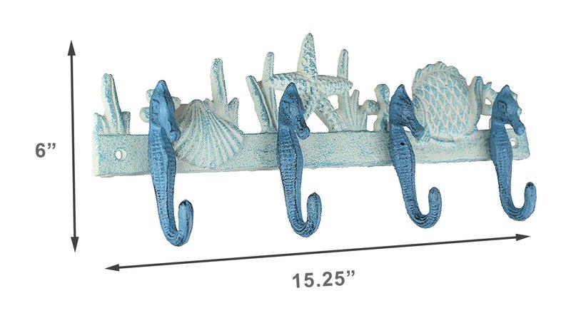 Zeckos Enchanting Blue and White Cast Iron Seahorse Nautical Sea Life Decorative Wall Hook, Towel Hanger or Coat Rack - Perfect Beach Home and Coastal Accent