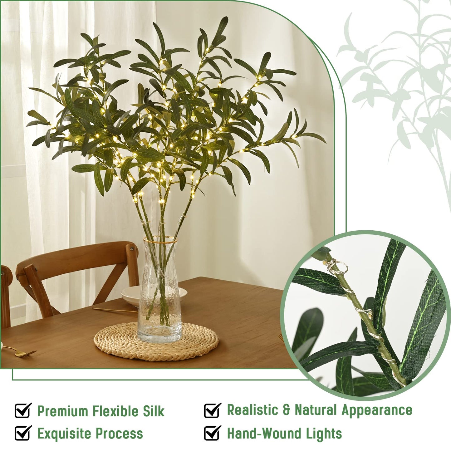 Waipfaru 5pcs 29'' Olive Branches for Vases with Battery Operated Lights, Lighted Olive Tree Branches with Timer, Artificial Greenery Stems Decor for Centerpieces Flower Arrangements Vases