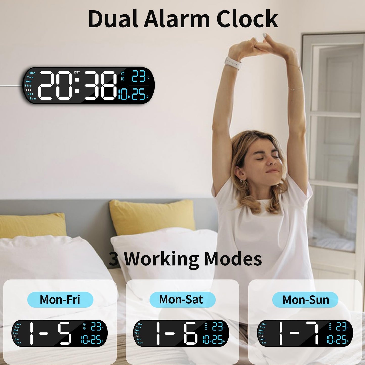 oviouit 14.3" Digital Wall Clock with Remote Control, Large Display, LED Clock for Living Room, Bedroom, Auto-Dimming, 9 Color Night Light, Auto DST, Date, Week, Temperature (Rounded Rectangle-Blue)