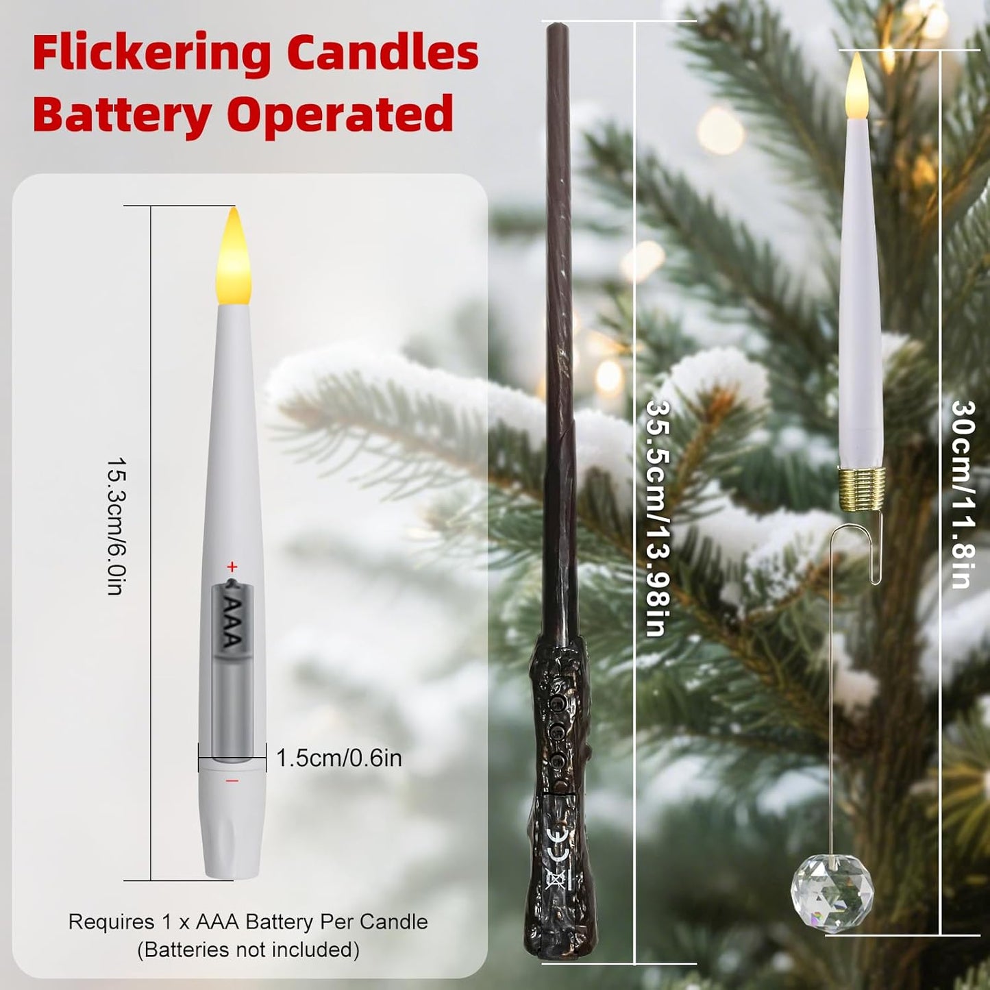 Flameless Christmas Tree Candles - 12 Pack LED Flickering Battery Operated Decor with Magic Wand & Snowflake Design