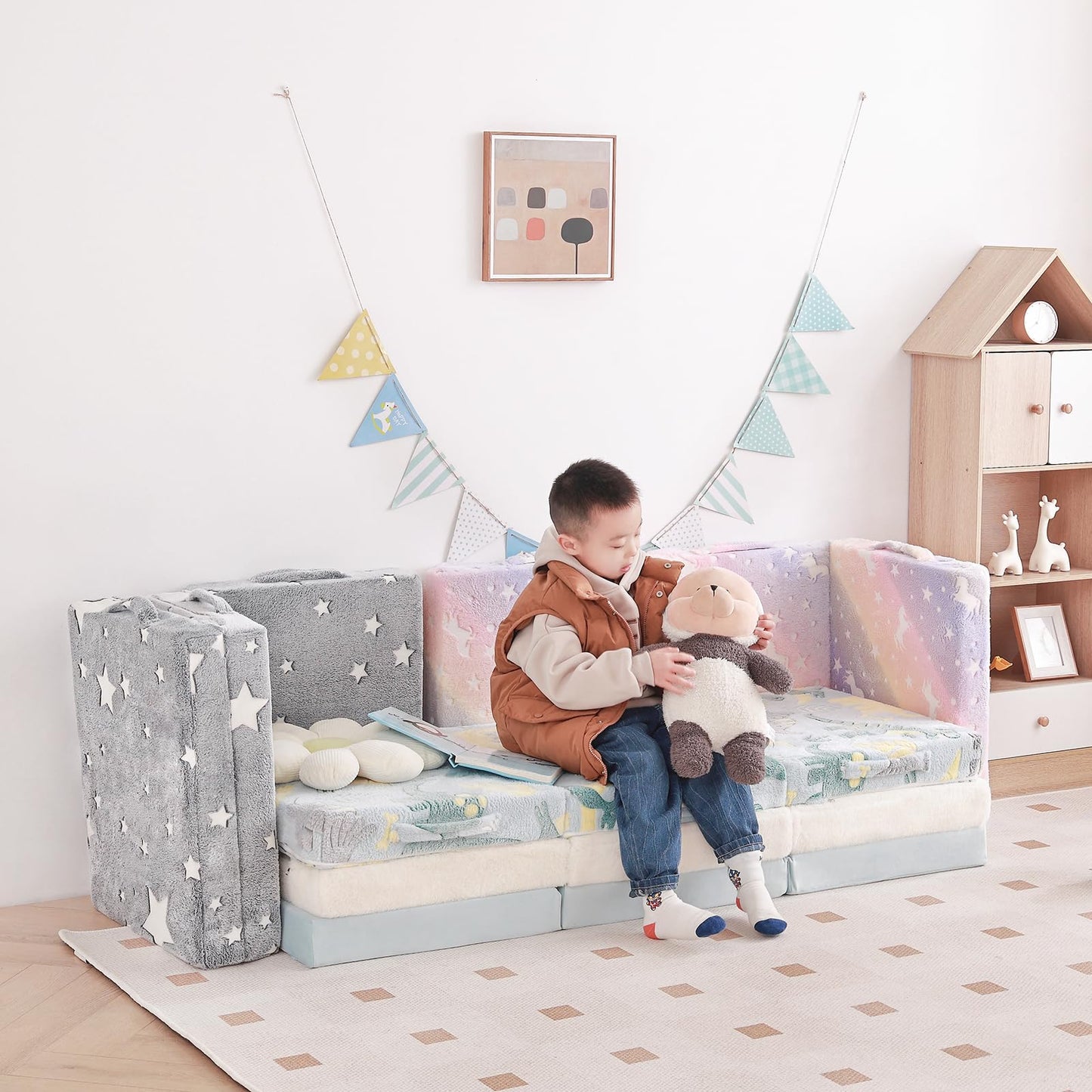 Tiita Toddler Foldable Floor Mattress for Kids, Small Floor Nap Mat for Sleeping Daycare, Kids Trifold Chair, Portable Toddler Tri Folding Mattress for Girls and Boys,Blue Cloud