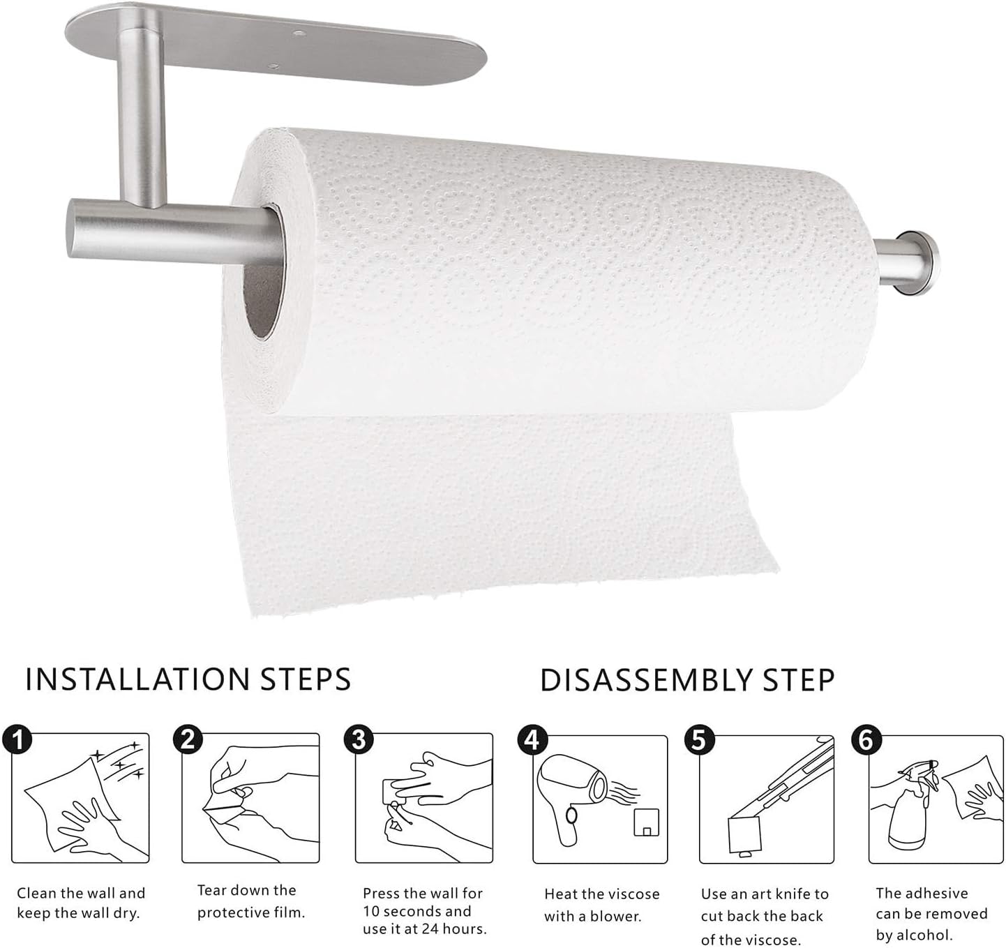 Skiennix Paper Towel Holder - Self-Adhesive Under Cabinet Design | Stainless Steel Finish